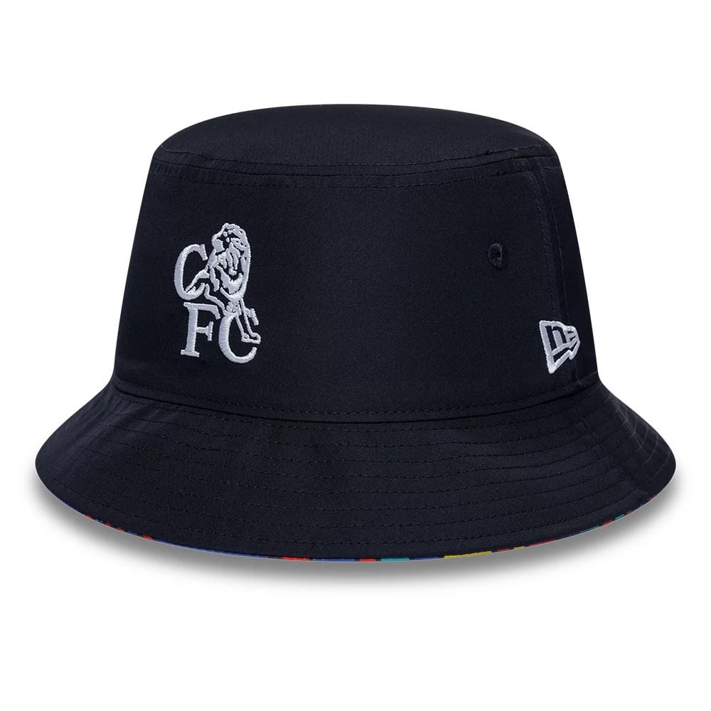 Pictured is this Retro Goal Keeper Chelsea FC Lion Crest Bucket cap in navy. 1