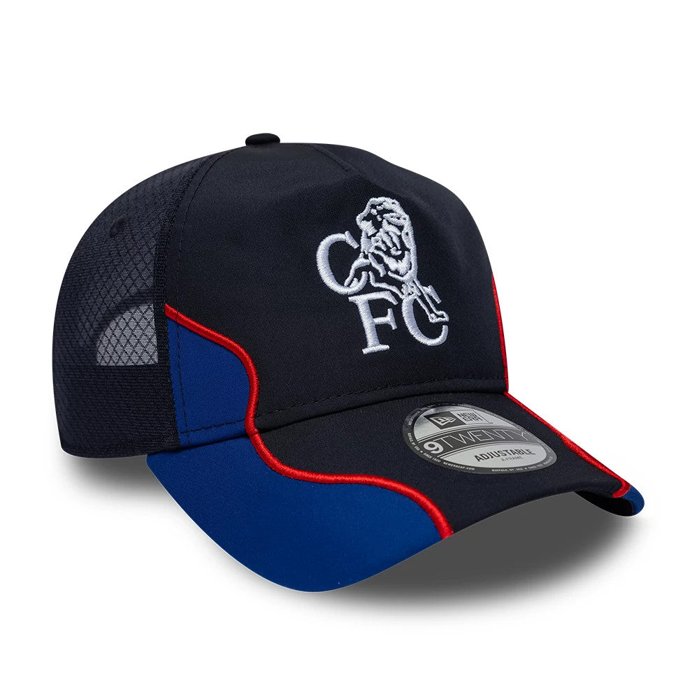 Chelsea FC Retro Goal Keeper Navy New Era 9TWENTY A-Frame Adjustable Cap, three-quarter view showing the white embroidered CFC lion logo on the navy front panel, navy mesh back panels, curved blue visor with red piping and 9TWENTY size sticker.