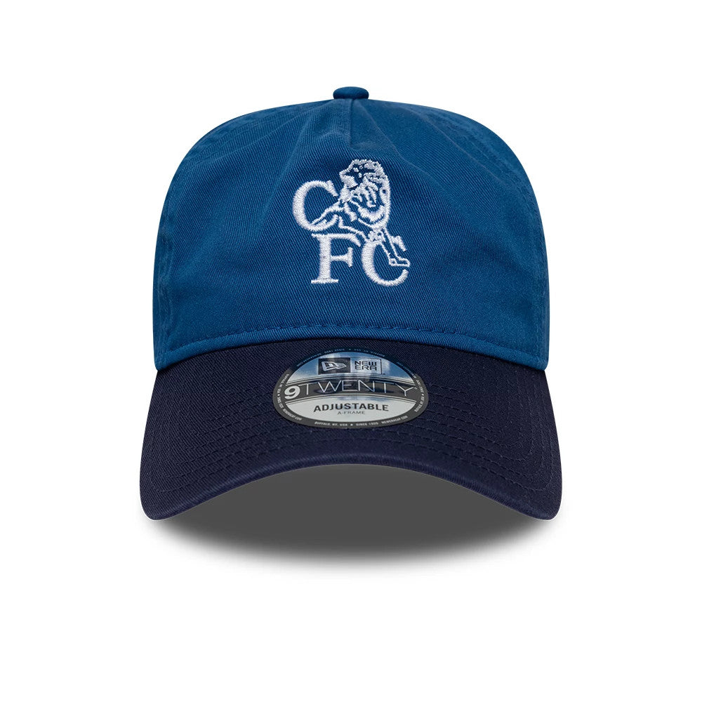 Chelsea FC Retro Goal Keeper Blue New Era 9TWENTY A-Frame Adjustable Cap, front view showing a white embroidered lion crest on the blue crown, featuring a curved navy visor with a 9TWENTY size sticker.