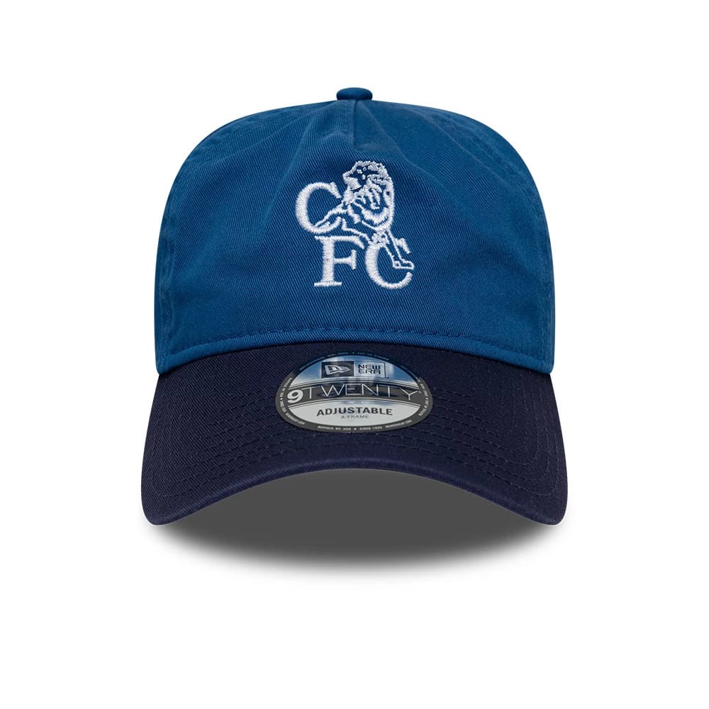 Pictured is this Retro Goal Keeper Chelsea FC Lion Crest 9TWENTY A-Frame cap in blue. 2