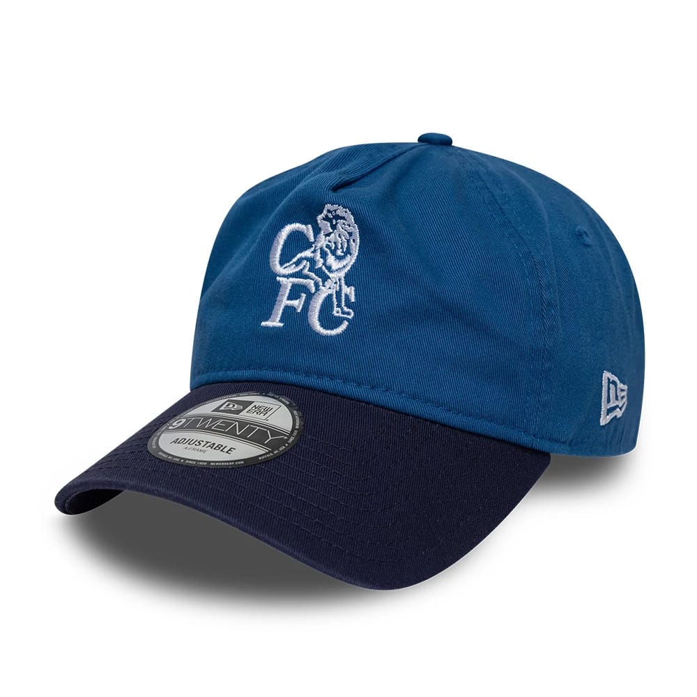 Pictured is this Retro Goal Keeper Chelsea FC Lion Crest 9TWENTY A-Frame cap in blue. 1