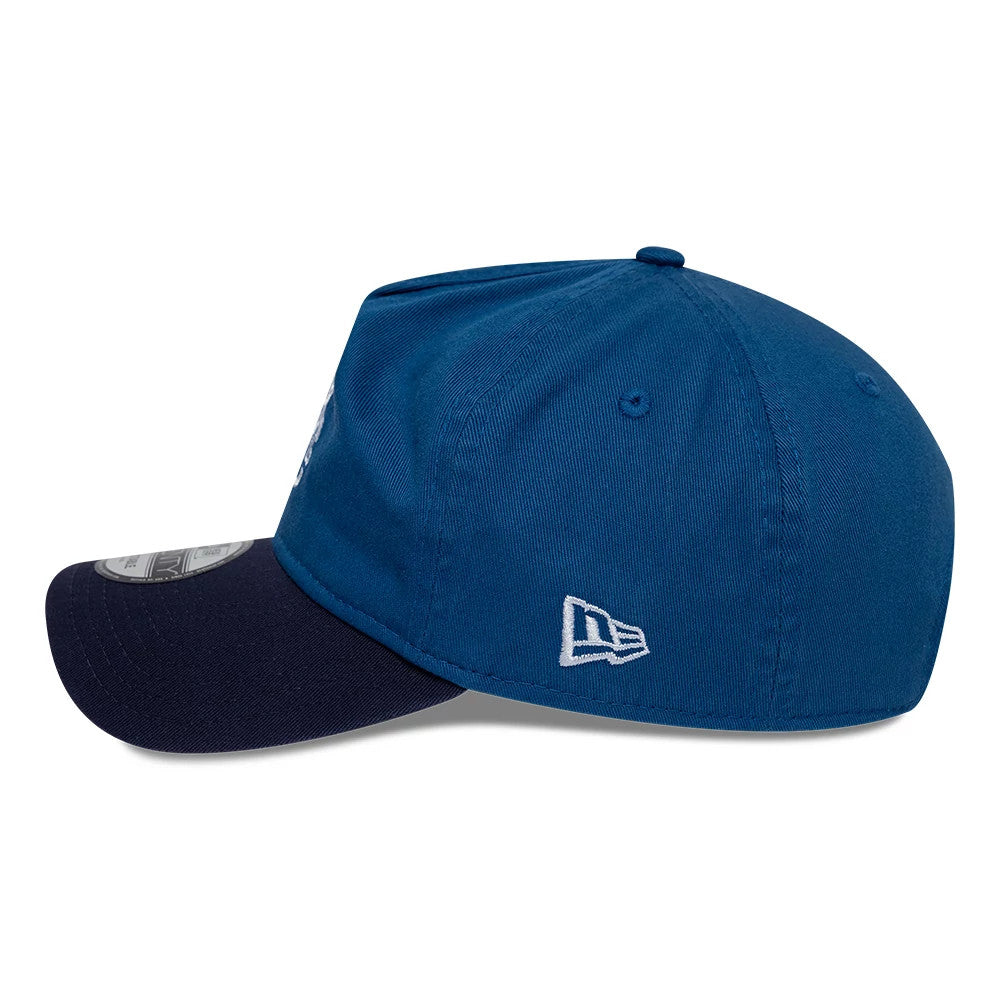 Chelsea FC Retro Goal Keeper Blue New Era 9TWENTY A-Frame Adjustable Cap, side view showing a white embroidered New Era flag logo on the left side, with a structured blue crown and a contrasting dark blue curved visor with a 9TWENTY size sticker.