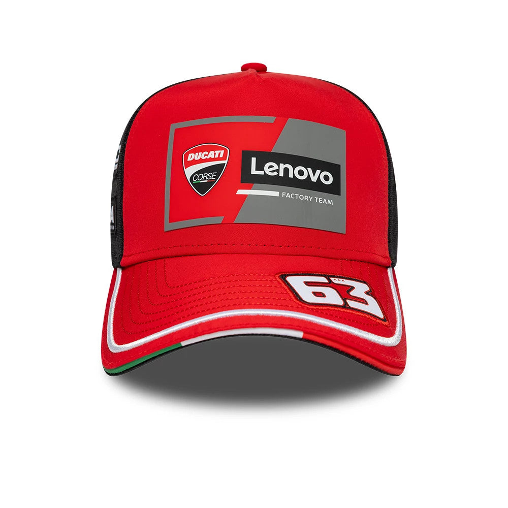 Ducati Motor Replica Francesco Bagnaia Red New Era 9FORTY E-Frame Adjustable Cap, front view showing the large embroidered Ducati and Lenovo logos on the crown, a white number 63 on the visor, and green-white-red on the edge.