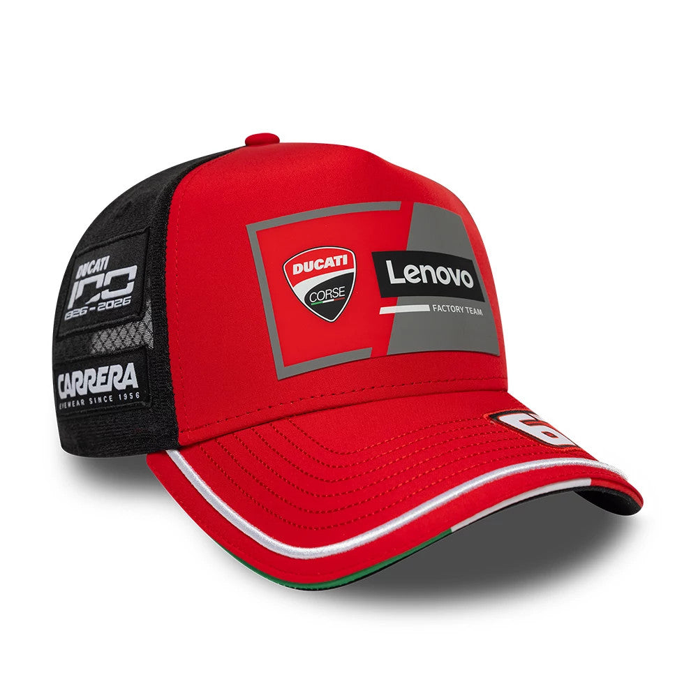 Ducati Motor Replica Francesco Bagnaia Red New Era 9FORTY E-Frame Adjustable Cap, three-quarter view showing a red front panel with Ducati Corse and Lenovo logos, a red visor with white and green edge stripes.