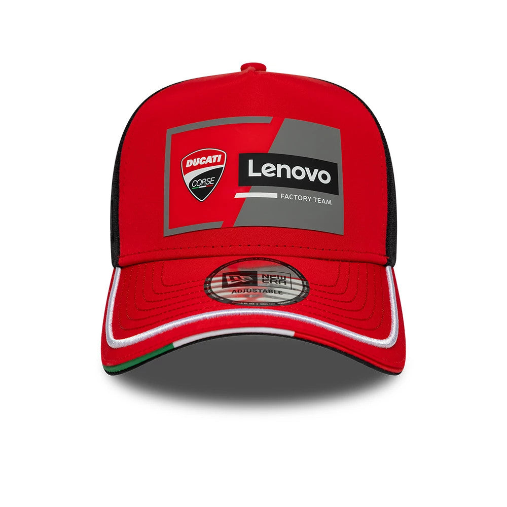 Ducati Motor Replica Team Red New Era 9FORTY E-Frame Adjustable Cap, front view showing the prominently placed Ducati Corse and Lenovo Factory Team logos on the structured red front panel, with a black.