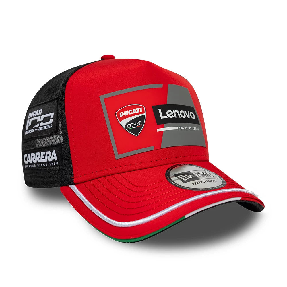 Ducati Motor Replica Team Red New Era 9FORTY E-Frame Adjustable Cap, three-quarter view showing the Ducati Corse and Lenovo graphics on the structured red front panel, black mesh side panels, and New Era 9FORTY size sticker on the curved visor.
