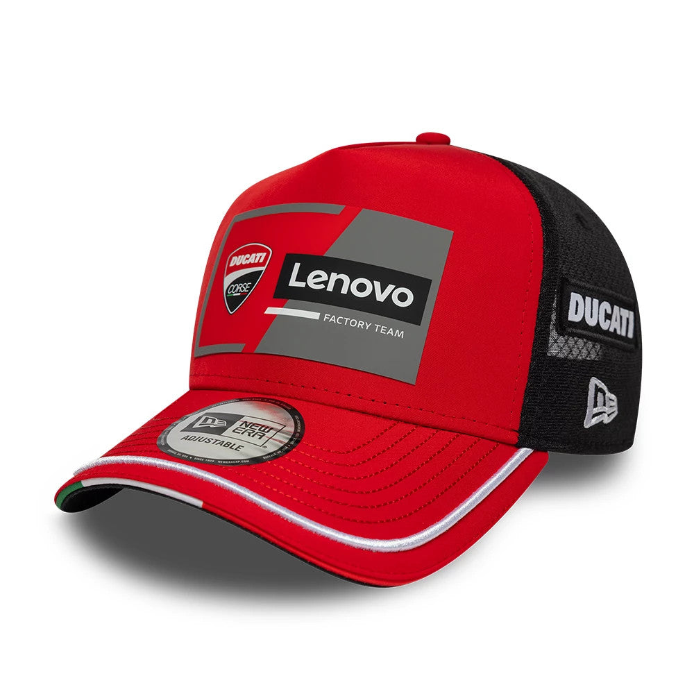 Ducati Motor Replica Team Red New Era 9FORTY E-Frame Adjustable Cap, three-quarter view showing black mesh rear panels, a silver Lenovo logo on the front red panel, and a curved red visor with a New Era 9FORTY size sticker.