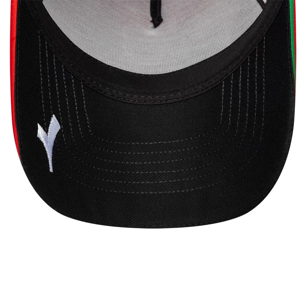Ducati Motor Replica Team Red New Era 9FORTY E-Frame Adjustable Cap, inside view showing the grey undervisor with white stitching, a black sweatband lining the inner edge, and the New Era flag logo embroidered in white on the black visor.