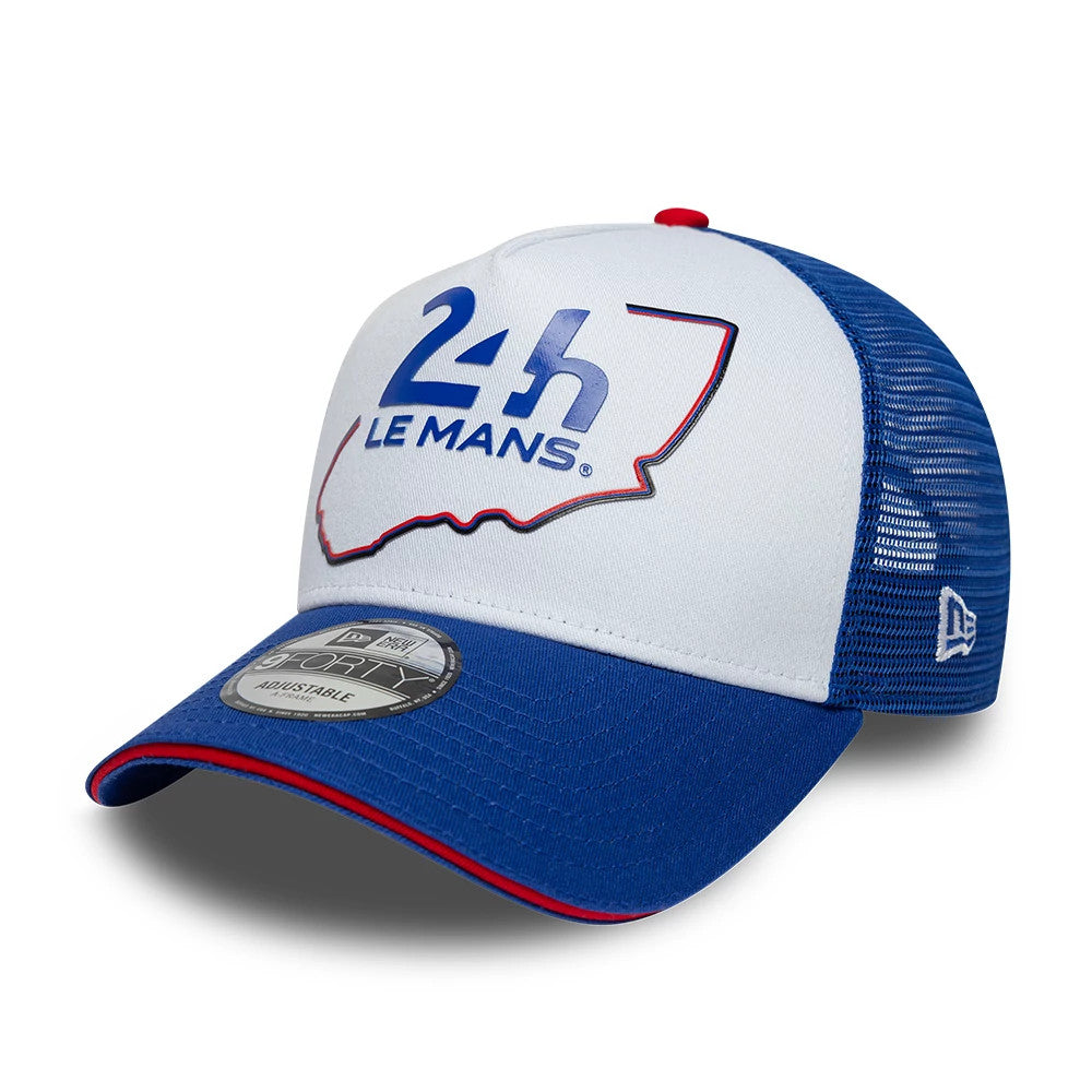 24HR Le Mans Track Blue New Era 9FORTY A-Frame Trucker Adjustable Cap, front view showing the raised blue 24H Le Mans logo embroidered on the white front panel, with a curved blue visor and a 9FORTY size sticker.