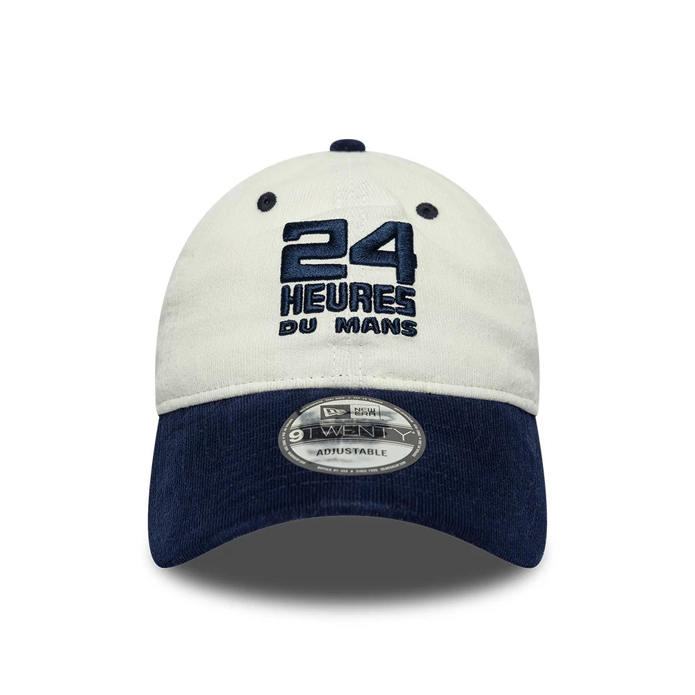 24HR Le Mans Contrast Cord Cream New Era 9TWENTY Adjustable Cap, front view showing the navy blue embroidered 24 HEURES DU MANS logo on the cream crown, with a navy corduroy visor and a 9TWENTY size sticker on the visor.