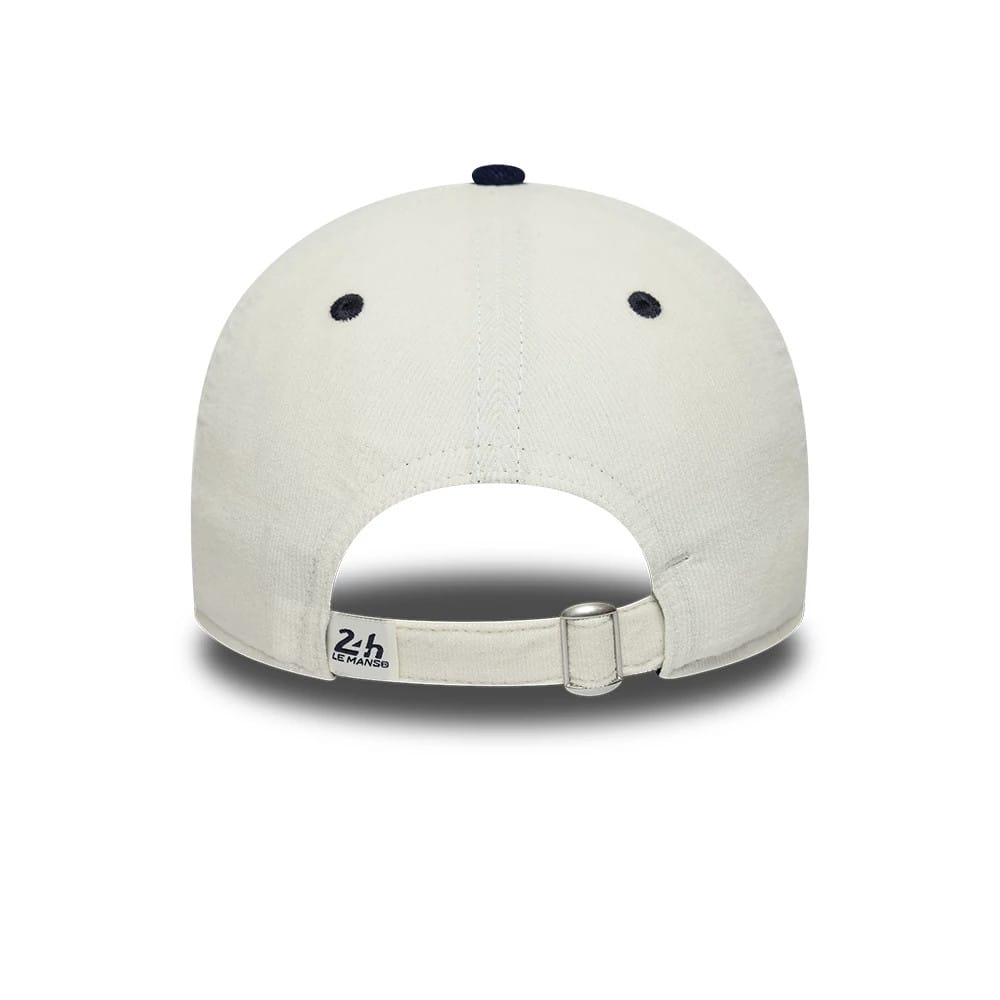 24HR Le Mans Contrast Cord Cream New Era 9TWENTY Adjustable Cap, rear view showing the black 24H Le Mans logo on the cream adjustable strap, with black embroidered eyelets on the crown and a buckle closure.