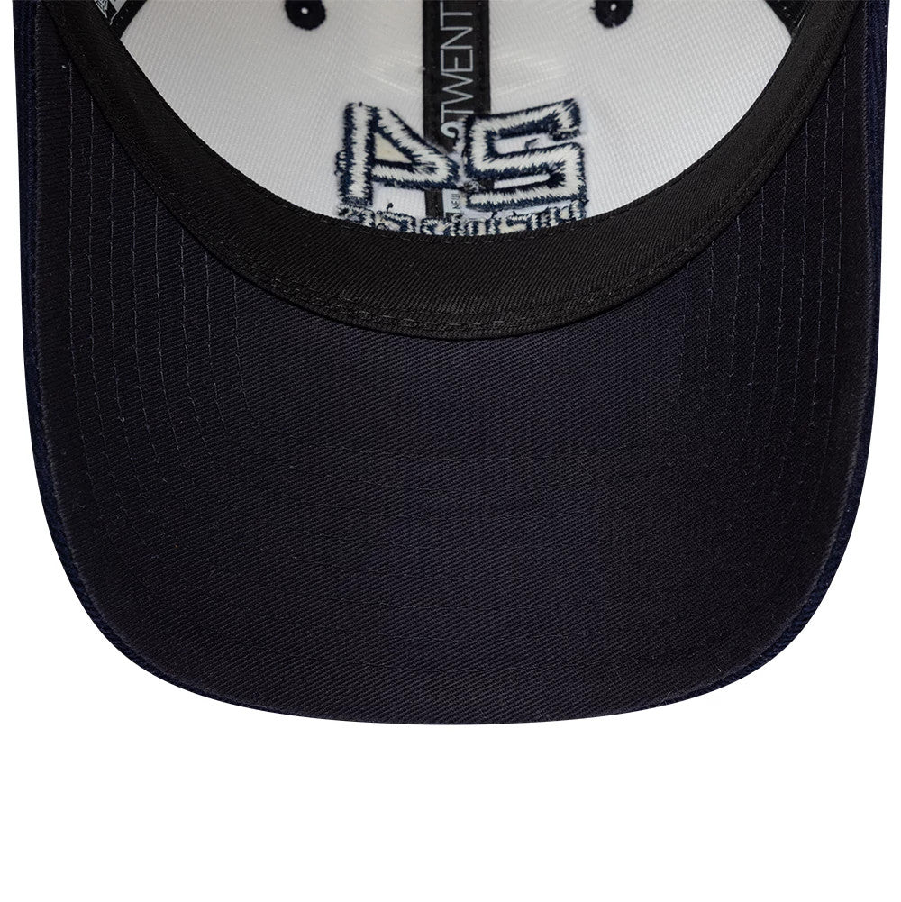 24HR Le Mans Contrast Cord Cream New Era 9TWENTY Adjustable Cap, inside view showing the black undervisor with ribbed texture, the black and white 9TWENTY taping along the seams, and the stylised 24HR embroidery on the inner panel.