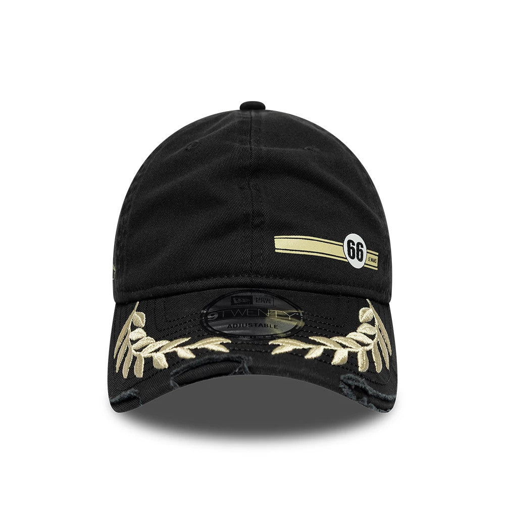 24HR Le Mans Washed Graphic Black New Era 9TWENTY Adjustable Cap, front view showing a gold laurel leaf embroidery on the curved visor, a 66 race badge on the front panel, and a 9TWENTY size sticker centrally placed on the visor.
