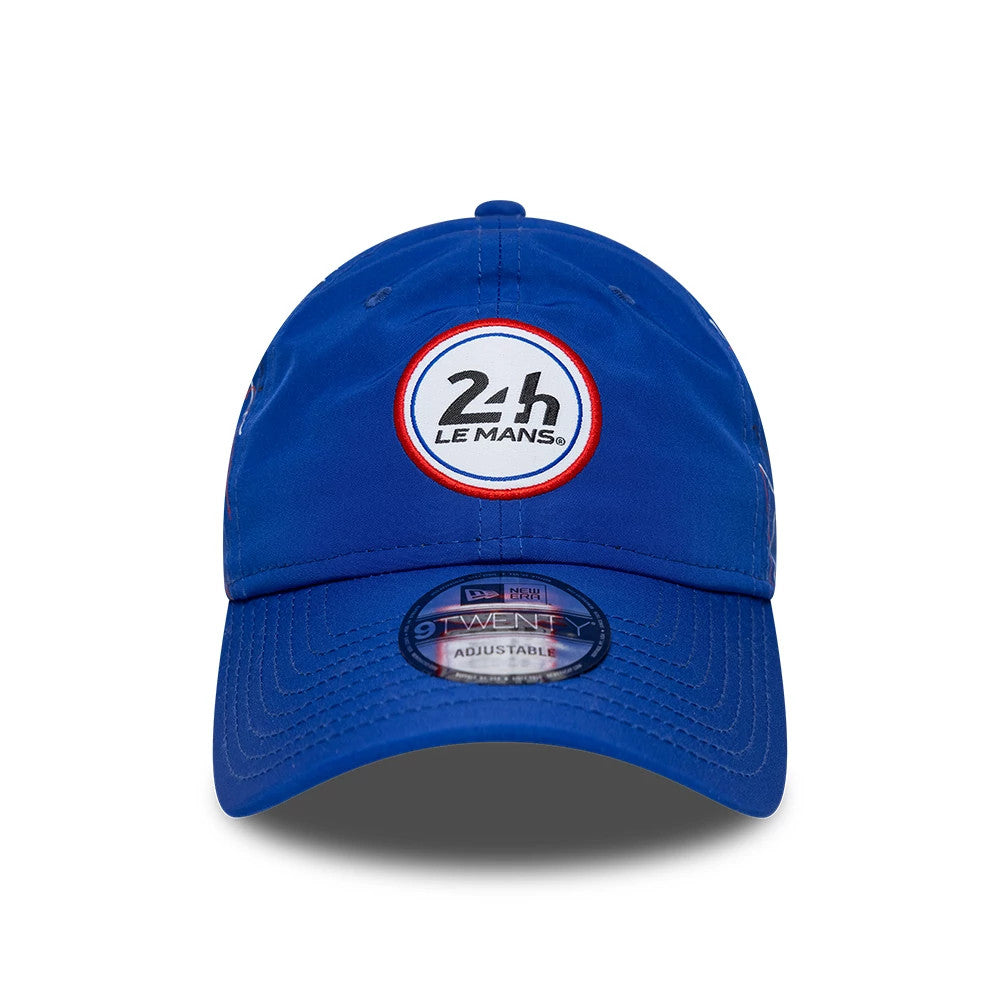 24HR Le Mans Track Blue New Era 9TWENTY Adjustable Cap, front view showing a white and red embroidered 24H Le Mans logo on the front panel, curved blue visor with a 9TWENTY size sticker, and a matching top button.
