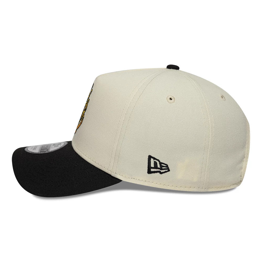 Harry Potter Hogwarts White & Black New Era 9FORTY A-Frame Adjustable Cap, side view showing the New Era flag logo embroidered in black on the left side of the structured white crown, with a contrasting black curved visor and a size sticker.