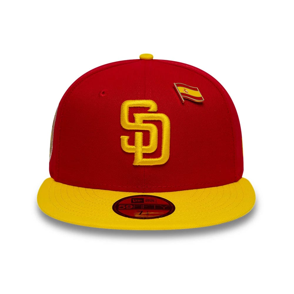 Pictured is this MLB Sister Cities San Diego Padres 59FIFTY Fitted cap in red & yellow. 3