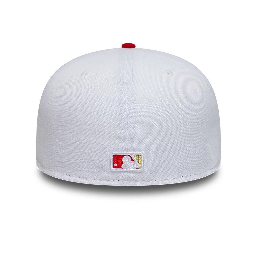 LA Dodgers MLB Sister Cities White & Red New Era 59FIFTY Fitted Cap, rear view featuring the raised white MLB Batterman logo centred on the back panels, with a red top button and white structure highlighting the embroidered detail.