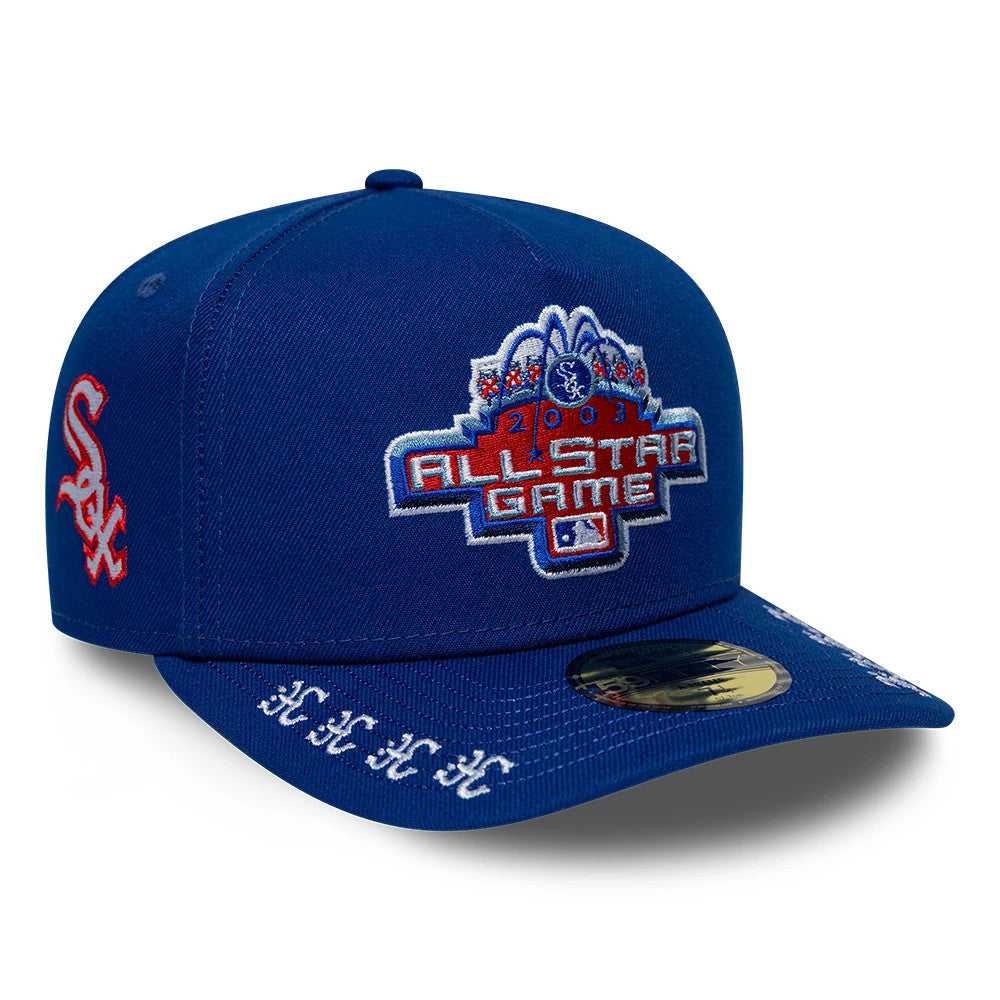 Chicago White Sox MLB All Star Game Blue New Era 59FIFTY A-Frame Fitted Cap, three-quarter view showing the 2023 All Star Game logo in raised embroidery on the front panel with white and red details, a red Sox logo on the left side.