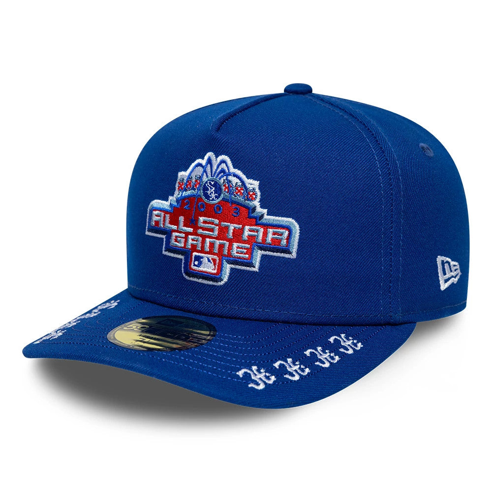 Chicago White Sox MLB All Star Game Blue New Era 59FIFTY A-Frame Fitted Cap, front view showing a raised embroidered All Star Game logo in red and white on the blue crown, blue visor with white details, and gold 59FIFTY size sticker.