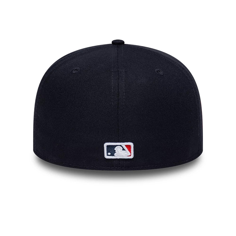 New York Yankees MLB All Star Game Navy New Era 59FIFTY A-Frame Fitted Cap, rear view showing the embroidered MLB Batterman logo in red, white, and blue at the centre back, set on a structured navy crown with two eyelets and a top button.