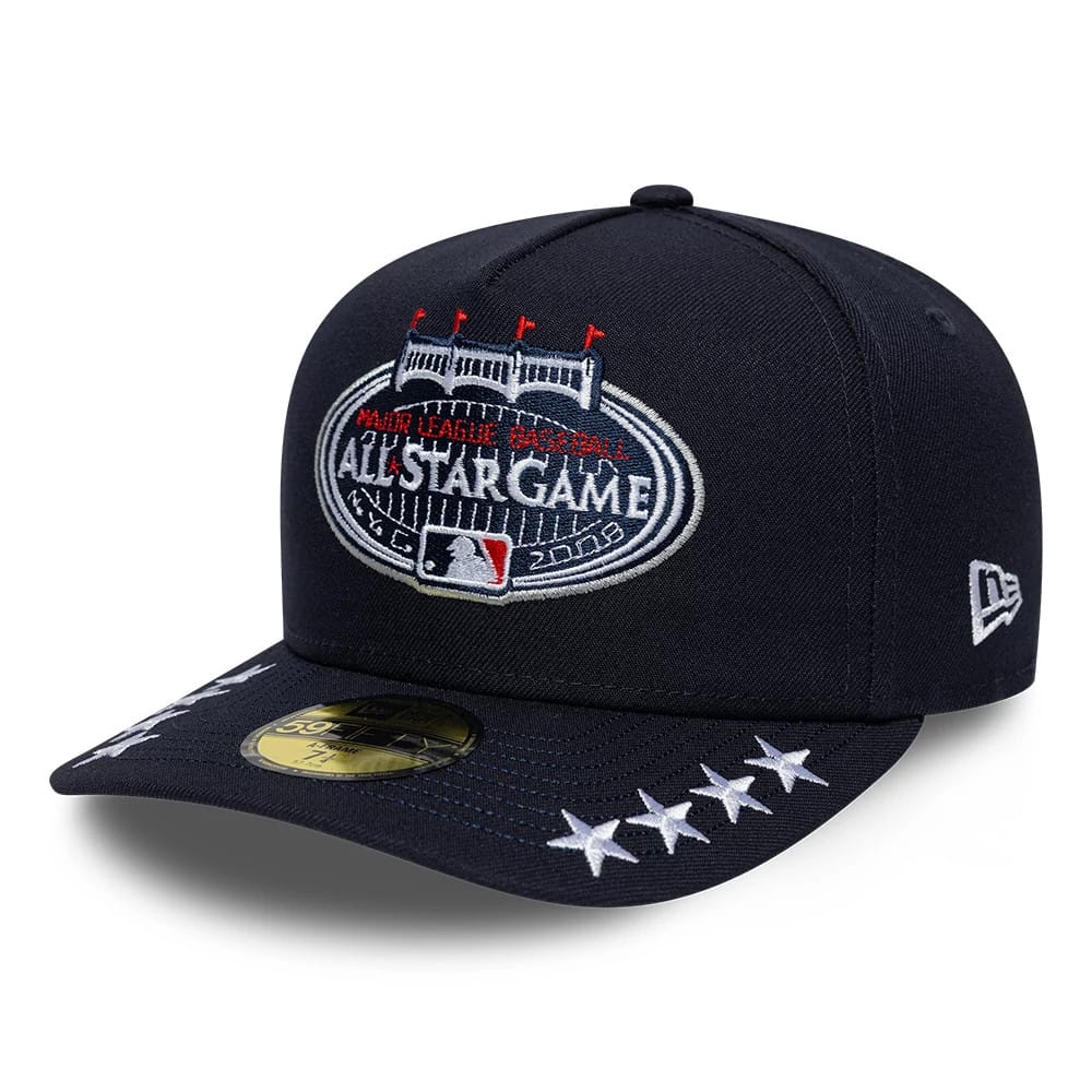 New York Yankees MLB All Star Game Navy New Era 59FIFTY A-Frame Fitted Cap, front view showing the raised oval All Star Game logo embroidered in white and red on the front panel, with embroidered white stars on the visor.