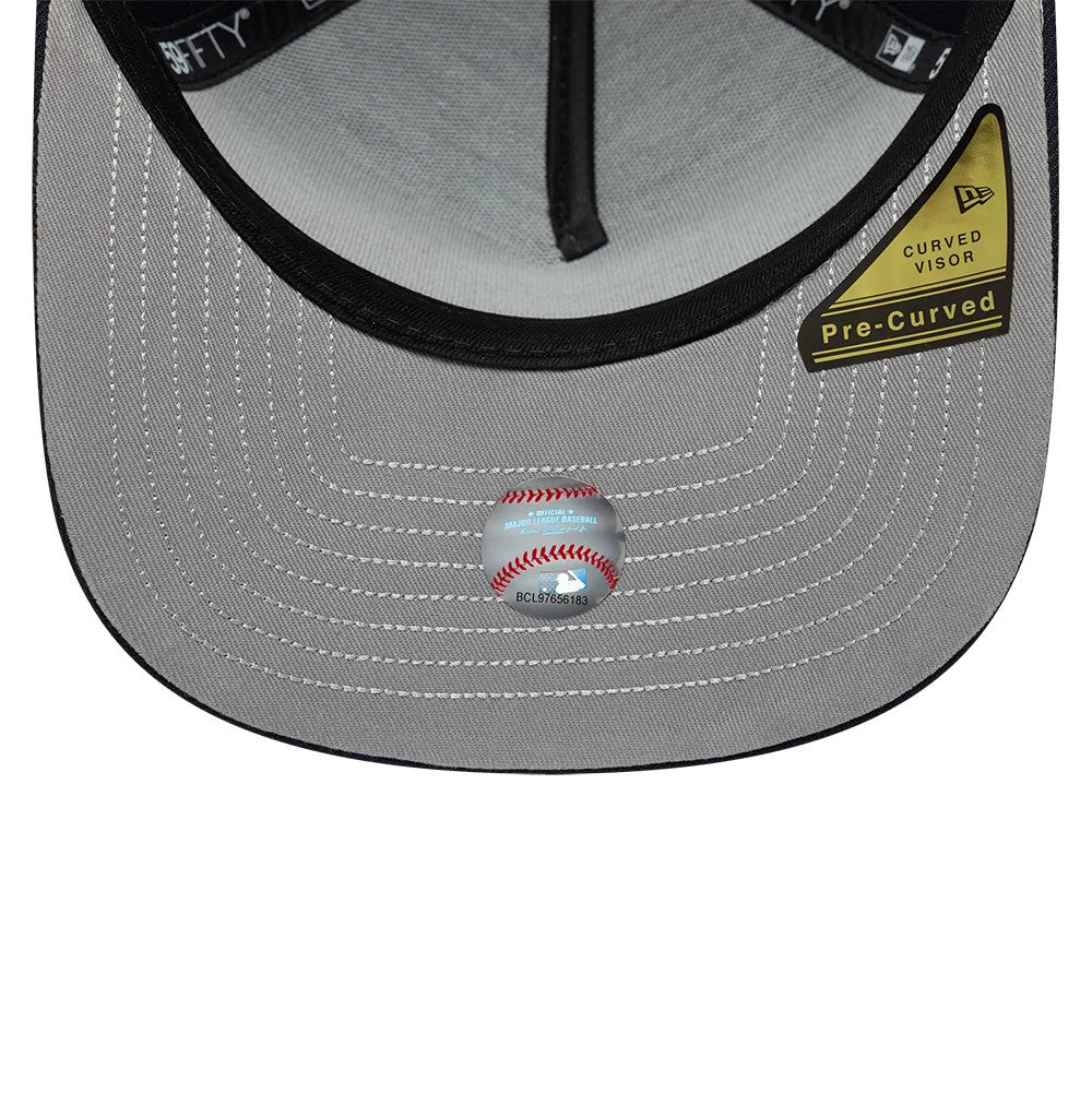New York Yankees MLB All Star Game Navy New Era 59FIFTY A-Frame Fitted Cap, inside view showing the grey undervisor with a baseball hologram sticker, taping with the 59FIFTY logo, and a curved visor label on the black fabric edge.