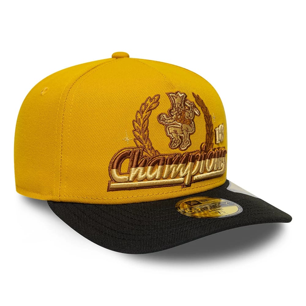 Pictured is this NBA Boston Celtics 59FIFTY A-Frame Fitted cap in gold & black. 4