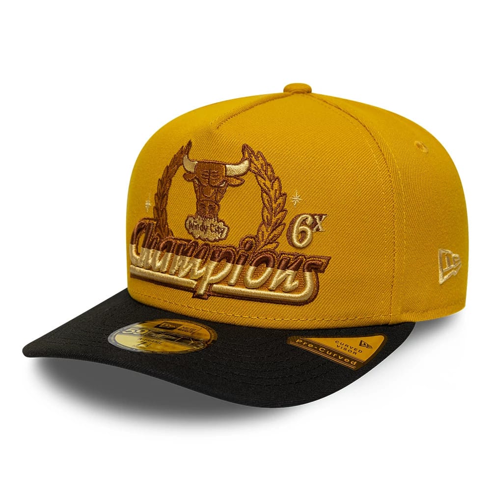 Pictured is this NBA Chicago Bulls 59FIFTY A-Frame Fitted cap in gold. 1