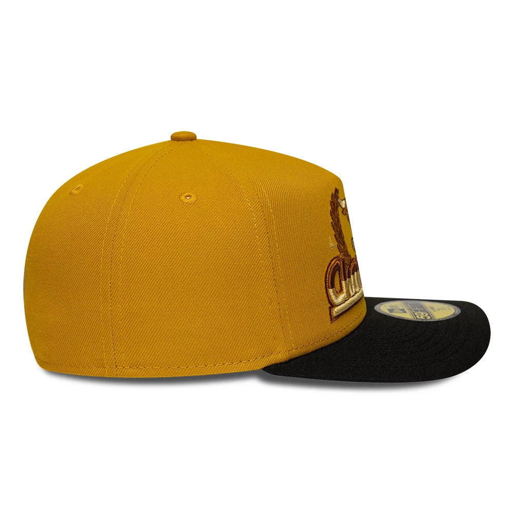 Pictured is this NBA Chicago Bulls 59FIFTY A-Frame Fitted cap in gold & black. 7
