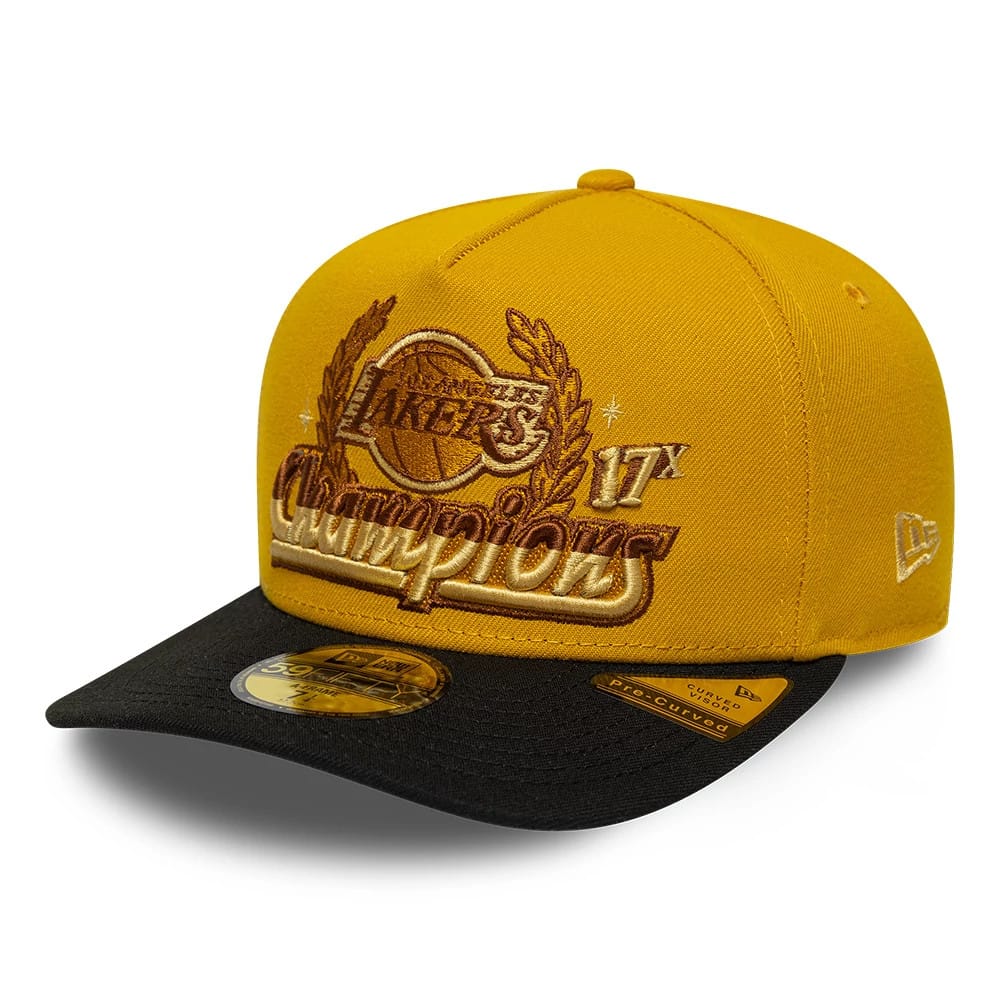 Pictured is this NBA LA Lakers 59FIFTY A-Frame Fitted cap in gold. 1
