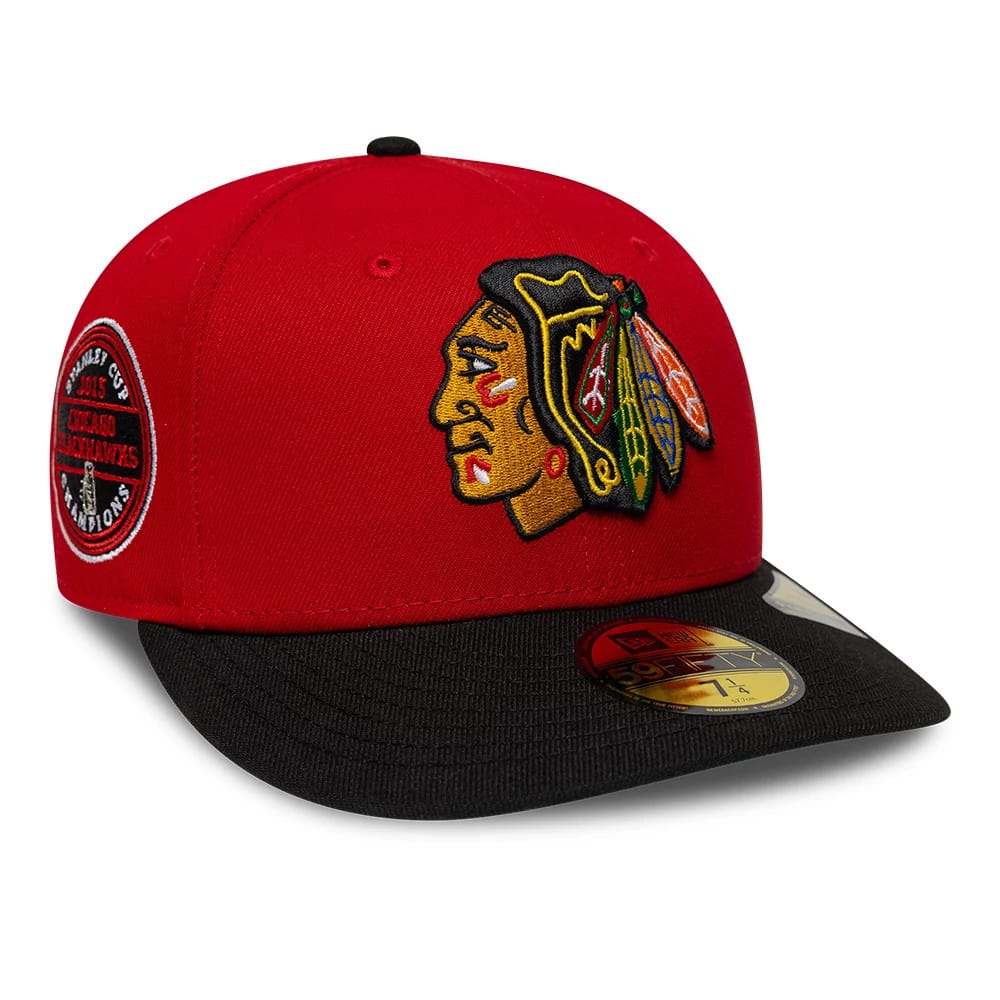 Pictured is this NHL Champions Chicago Blackhawks 59FIFTY Fitted cap in black. 1