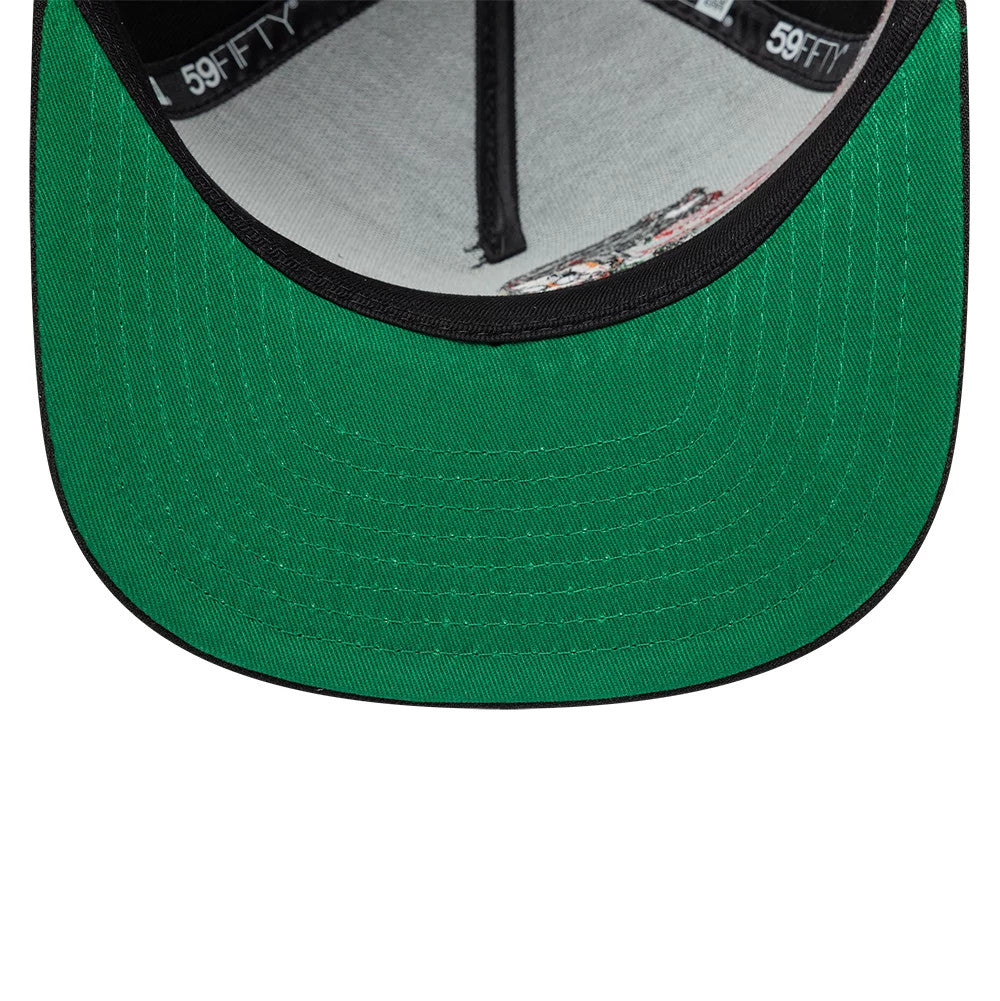 Rugrats Susie Carmichael Black New Era 59FIFTY A-Frame Fitted Cap, inside view showing the grey sweatband, black taping with 59FIFTY lettering, and a green undervisor with stitching.