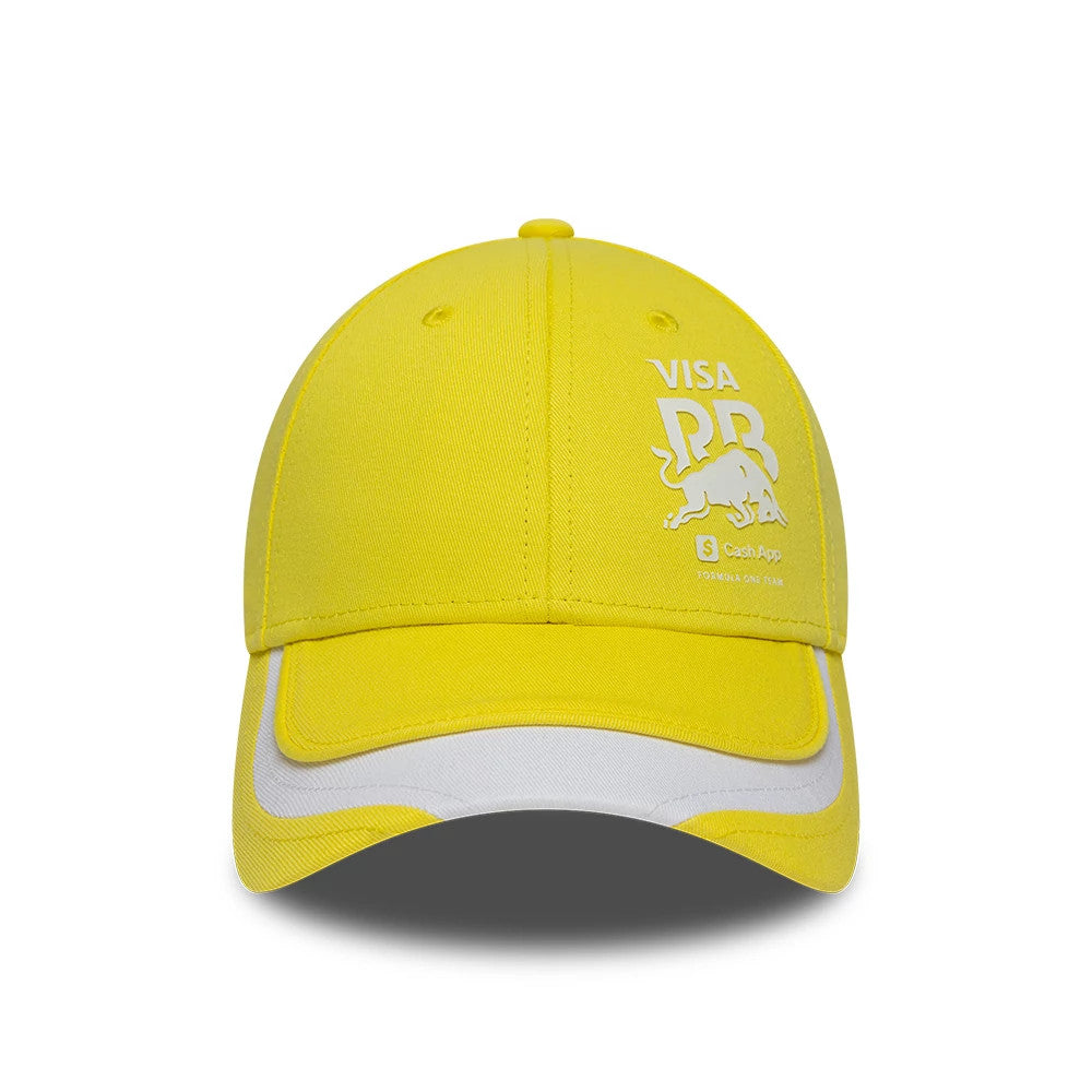 Pictured is this Citrus Miami & Madrid Race Special Visa Cash App Racing Bulls 9FORTY Adjustable cap in pastel yellow. 2