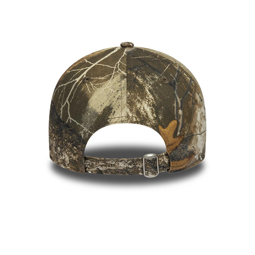 New Era Real Tree Print 9TWENTY Adjustable Cap, rear view showing the camouflage print across the structured back panels, with an adjustable strap featuring a buckle for sizing, and a matching top button blending into the design.