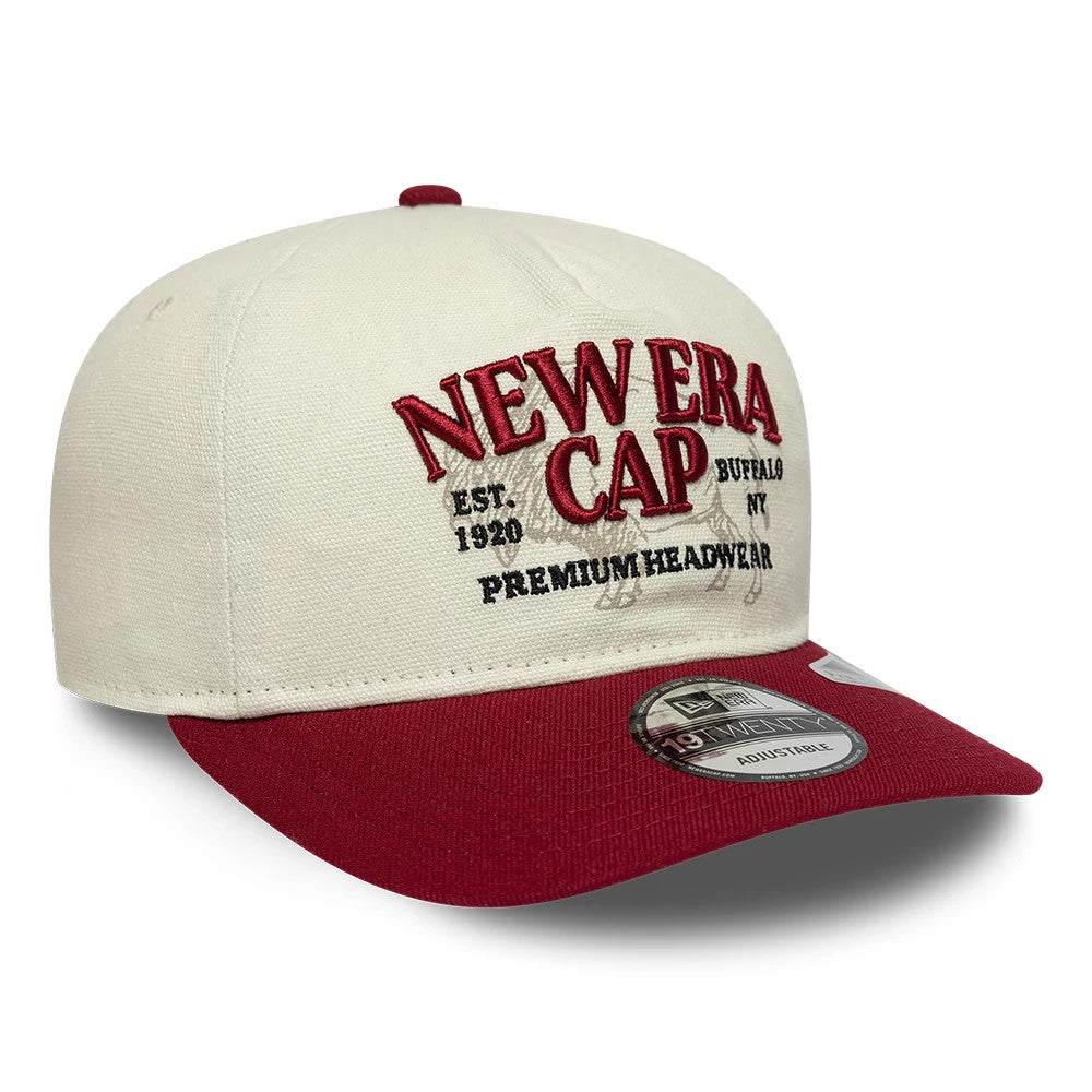 New Era Cream 19TWENTY Adjustable Cap, three-quarter view showing raised red New Era Cap embroidery on the cream front panel, a red top button, and a contrasting red visor with a 19TWENTY size sticker on the visor.