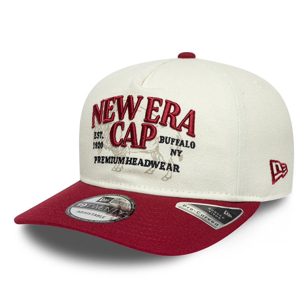 New Era Cream 19TWENTY Adjustable Cap, front view showing red raised embroidery of New Era Cap Buffalo NY and 1920 Headwear on the cream front panel, with a maroon curved visor featuring a 19TWENTY size sticker.