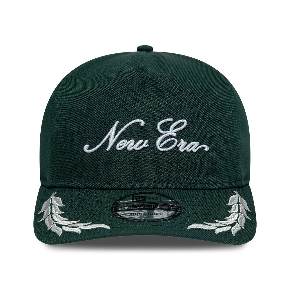 New Era Dark Green 19TWENTY Adjustable Cap, front view showing the white embroidered New Era script logo on the crown, detailed with silver embroidered laurel leaves on both sides of the dark green visor and a 19TWENTY size sticker.