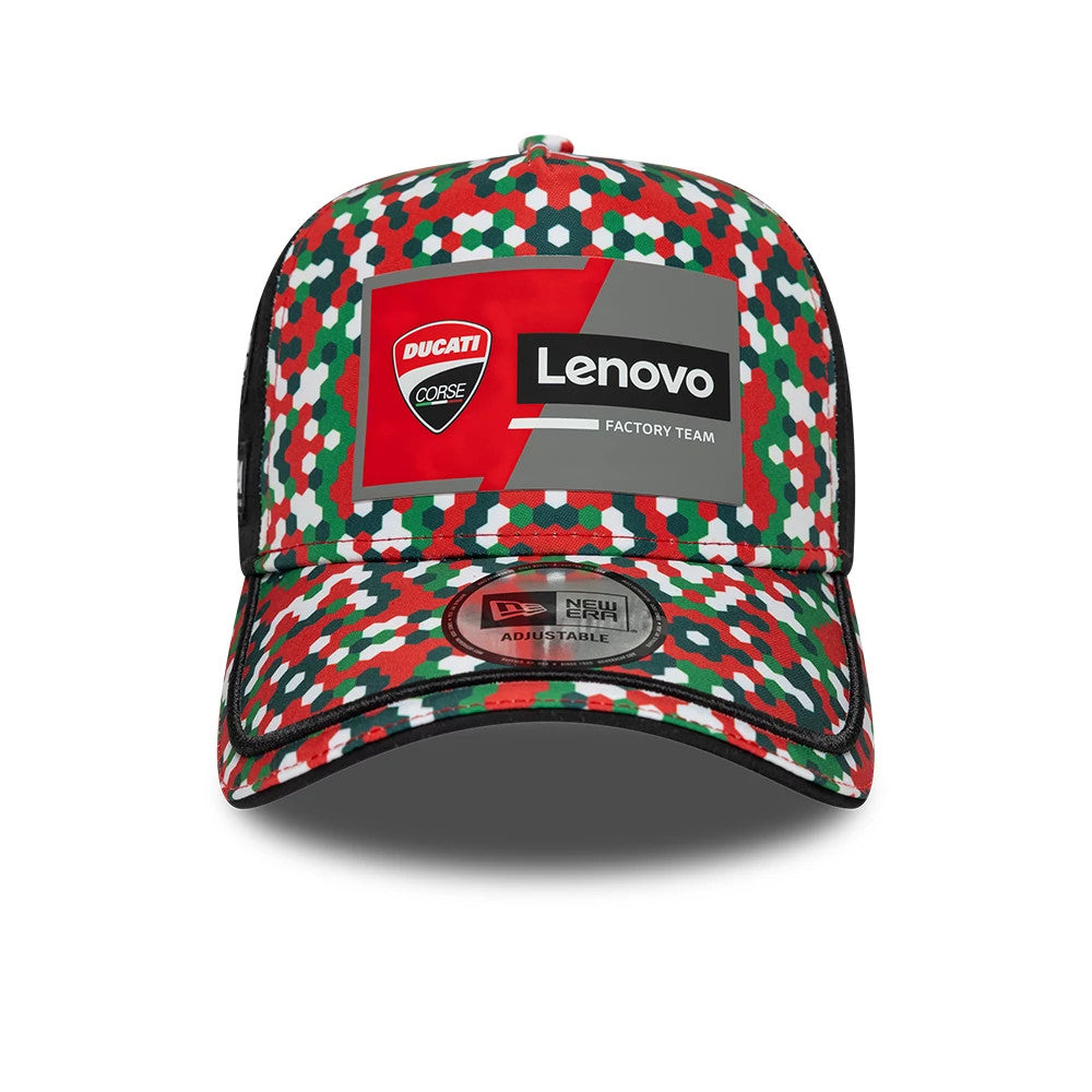 Ducati Motor Replica Mugello Race Special Multicolor New Era 9FORTY E-Frame Adjustable Cap, front view showing a prominent Ducati Corse and Lenovo logo on the front panel above a black-edged visor, with a 9FORTY size sticker on the multicolour visor.