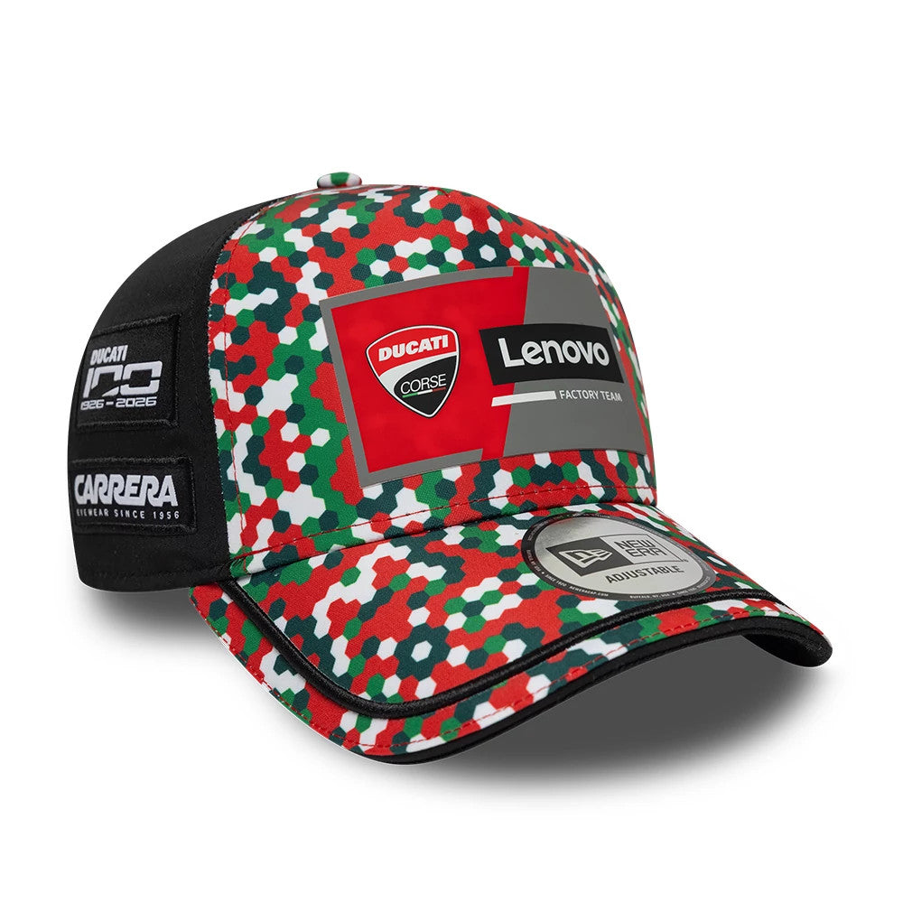 Ducati Motor Replica Mugello Race Special Multicolor New Era 9FORTY E-Frame Adjustable Cap, front view showing the Ducati and Lenovo logos on the front panels, multicolour camouflage pattern across the structured crown.