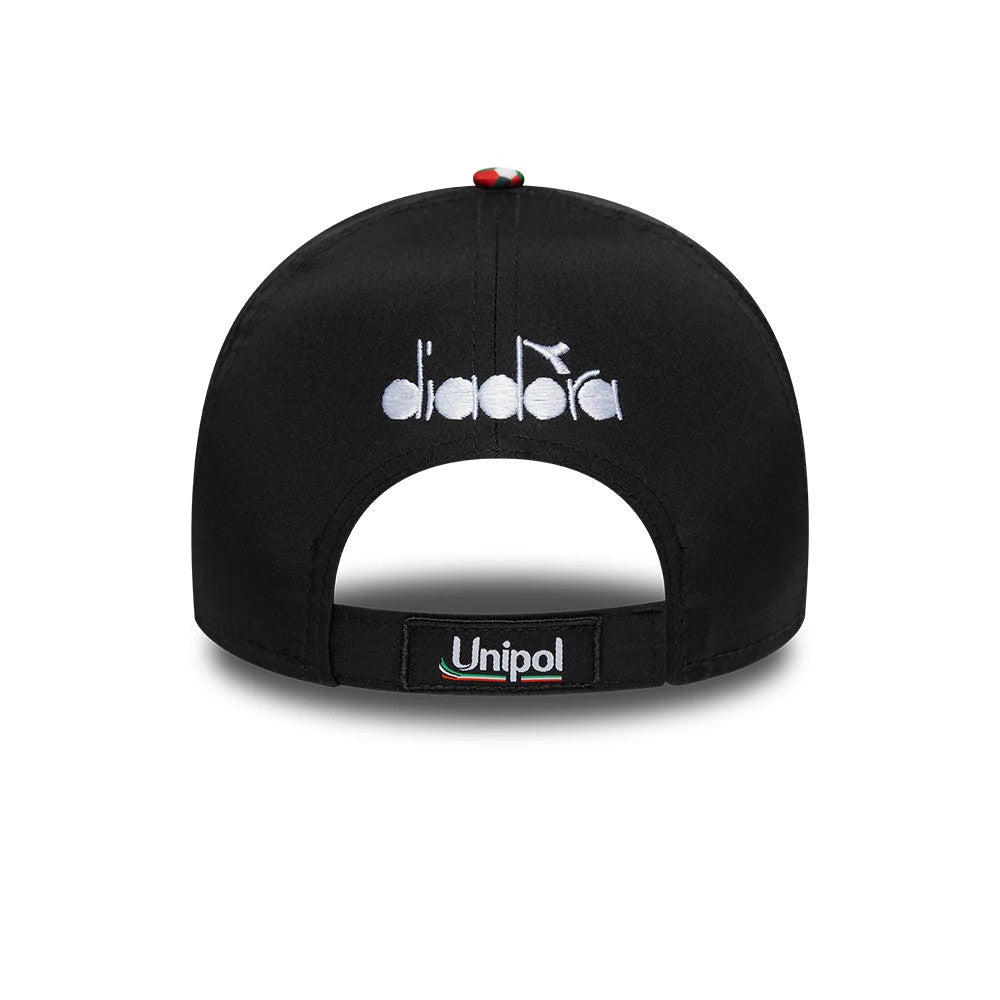 Ducati Motor Replica Mugello Race Special Multicolor New Era 9FORTY E-Frame Adjustable Cap, rear view showing the white embroidered Diadora logo across the back panels, with an adjustable strap featuring the Unipol logo on a structured black crown.