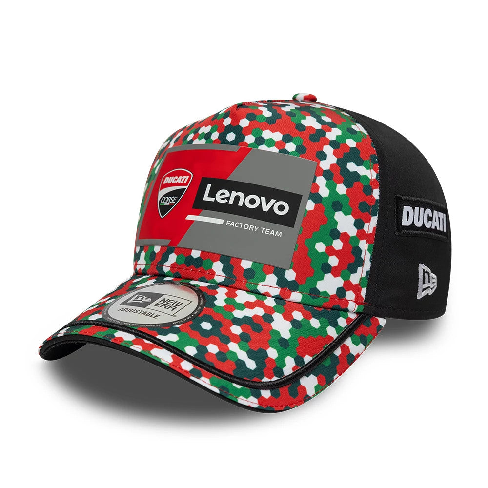 Ducati Motor Replica Mugello Race Special Multicolor New Era 9FORTY E-Frame Adjustable Cap, three-quarter view showing the red, green, and white pixelated pattern on the front panels, with a New Era size sticker on the curved visor.