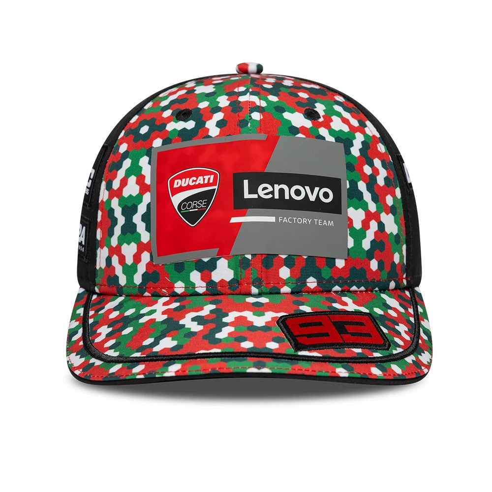 Ducati Motor Replica Marc Márquez Mugello Race Special Multicolor New Era 9FIFTY Low Profile Adjustable Cap, front view showing the red Ducati Corse and Lenovo logos on the front panel, with a multicolour hexagonal pattern.