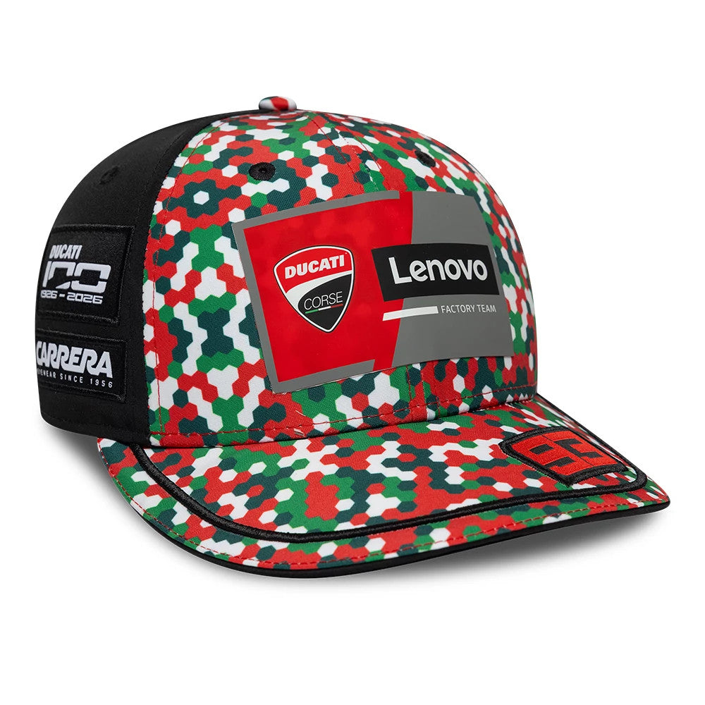 Ducati Motor Replica Marc Márquez Mugello Race Special Multicolor New Era 9FIFTY Low Profile Adjustable Cap, front view showing a hexagonal camo pattern with prominent Ducati and Lenovo logos on the front panel.