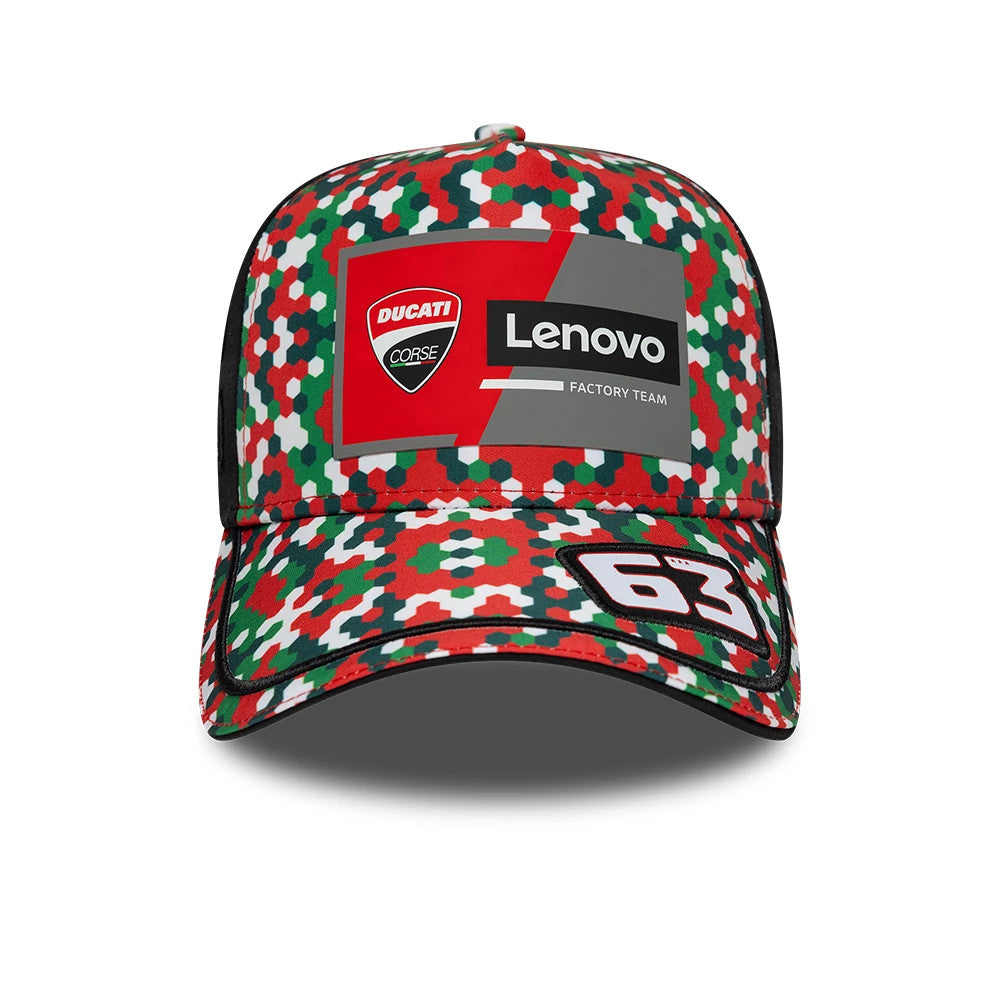 Ducati Motor Replica Francesco Bagnaia Mugello Race Special Multicolor New Era 9FORTY E-Frame Adjustable Cap, front view showing the embroidered Ducati Corse shield and Lenovo logo on the crown, with a multicoloured camo pattern.