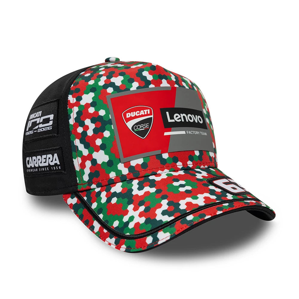 Ducati Motor Replica Francesco Bagnaia Mugello Race Special Multicolor New Era 9FORTY E-Frame Adjustable Cap, three-quarter view showing the Ducati and Lenovo logos on the front panel, a red, white, and green camo pattern, and a black curved visor.