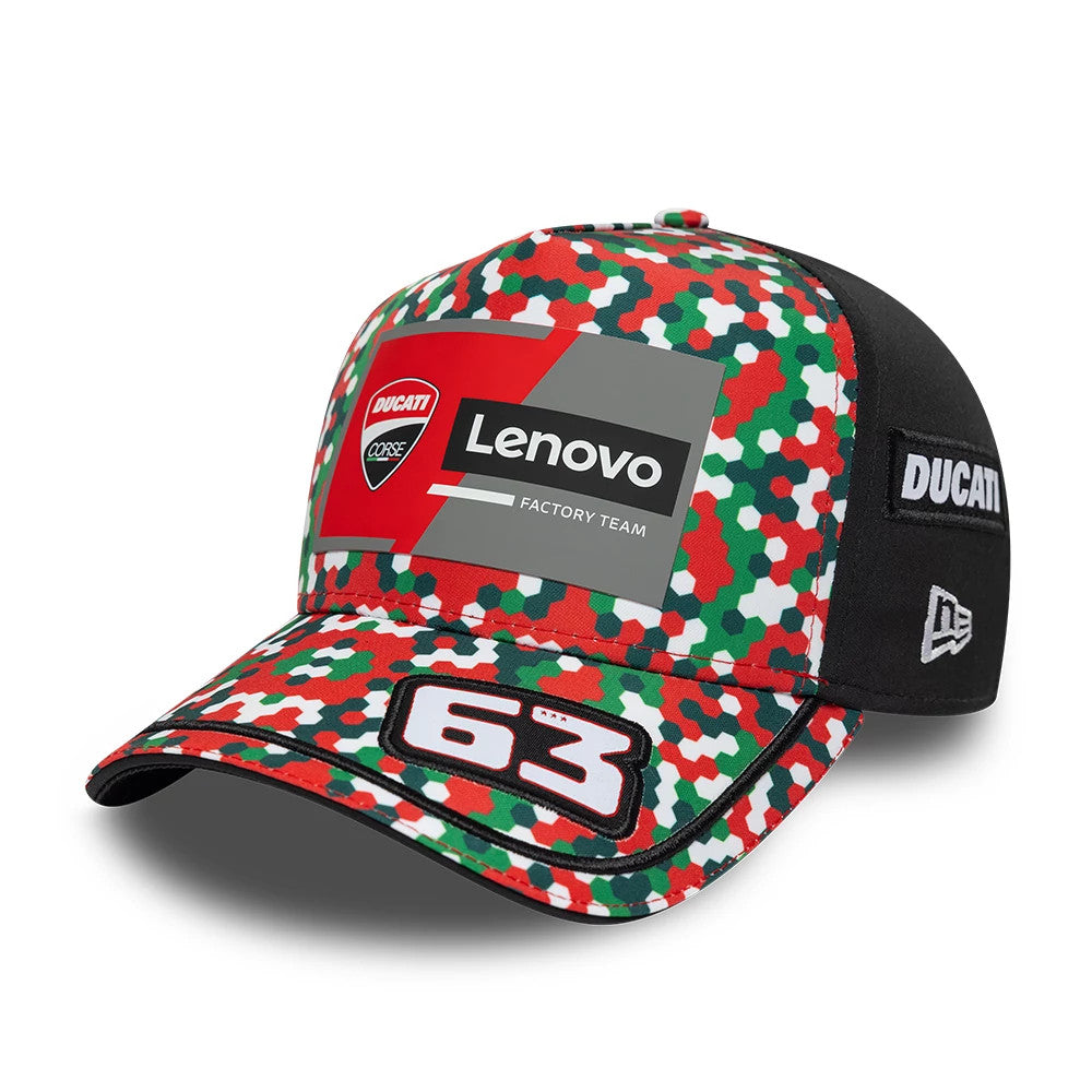 Ducati Motor Replica Francesco Bagnaia Mugello Race Special Multicolor New Era 9FORTY E-Frame Adjustable Cap, front view showing the embroidered 63 number on the multicolour visor, Ducati and Lenovo team logo patch on the front panel.