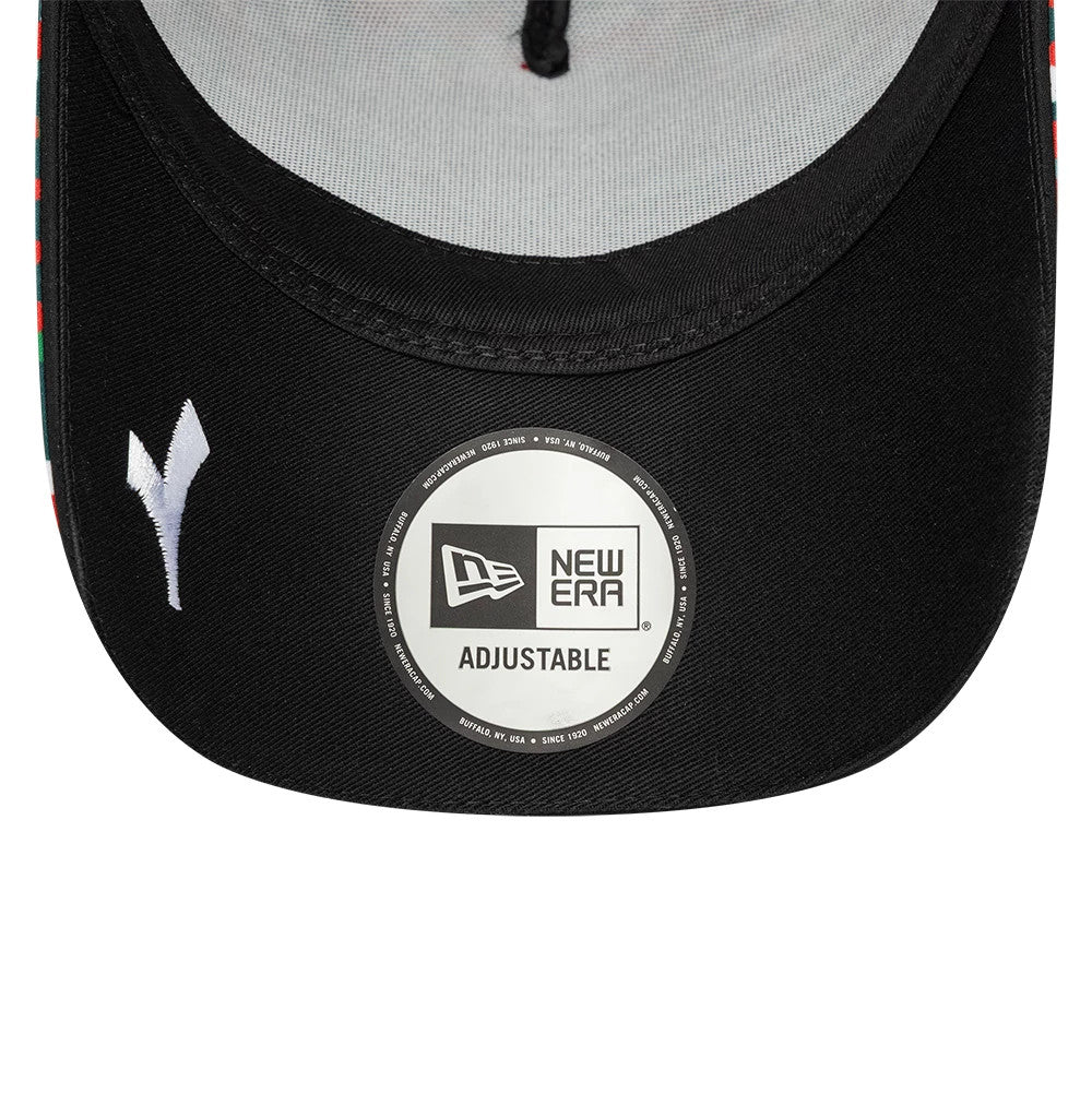 Ducati Motor Replica Francesco Bagnaia Mugello Race Special Multicolor New Era 9FORTY E-Frame Adjustable Cap, front view showing a white embroidered side logo on the black visor, beneath a New Era Adjustable size sticker, with inner grey lining.