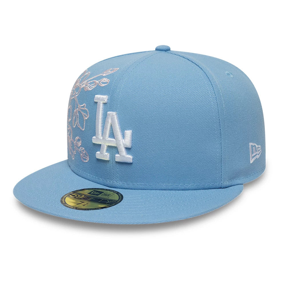 Pictured is this MLB Floral Outline LA Dodgers 59FIFTY Fitted cap in pastel blue. 4