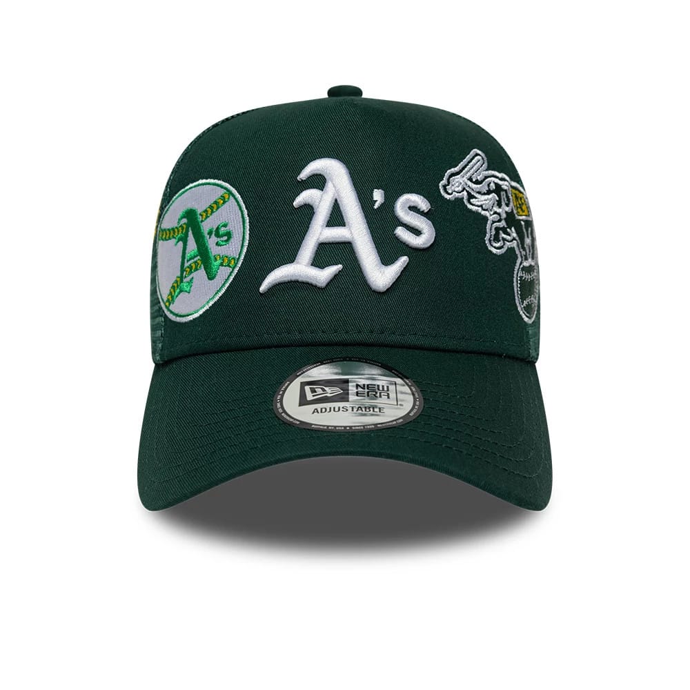 Pictured is this MLB Patch Athletics 9FORTY A-Frame Trucker cap in dark green. 2