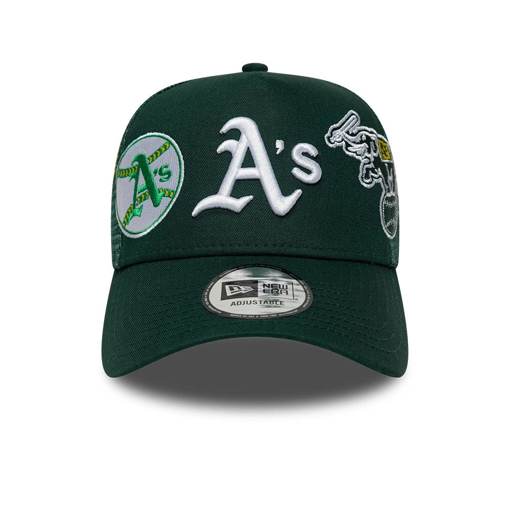 Athletics MLB Patch Dark Green New Era 9FORTY A-Frame Trucker Adjustable Cap, front view showing a prominent white raised A’s logo embroidered on the front panel, patches on either side.